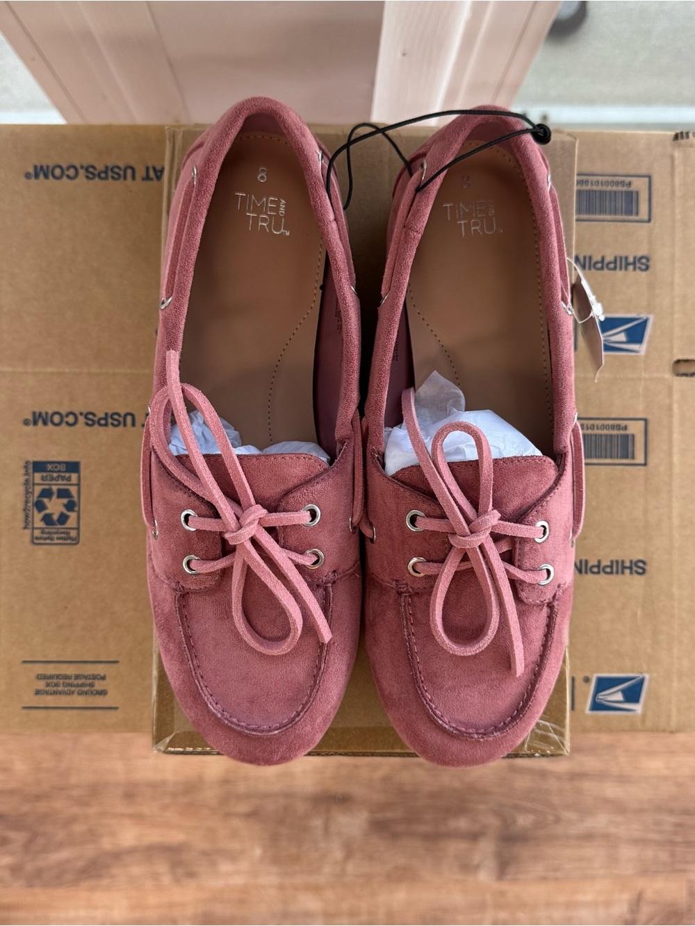Time and Tru Womens Pink Faux Suede Boat Shoes Memory Foam Moc Toe Loafers 8 New - Picture 8 of 15
